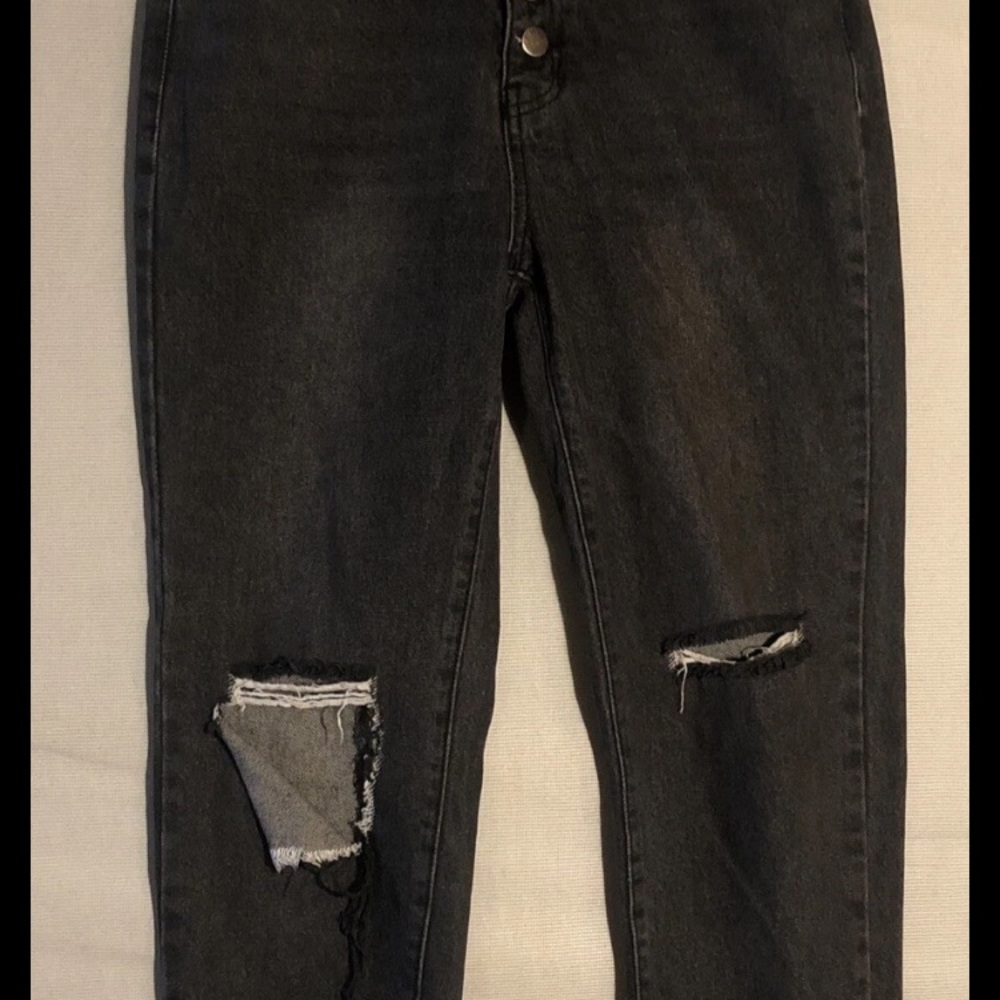 PTCL Women 8/29 Vtg High Rise Distressed Hole Black Jeans Denim Frayed Raw Hem